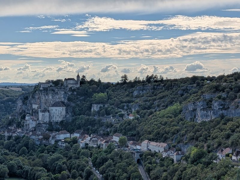 Rocamadour clinging to its limestone cliff above the Alzou gorge